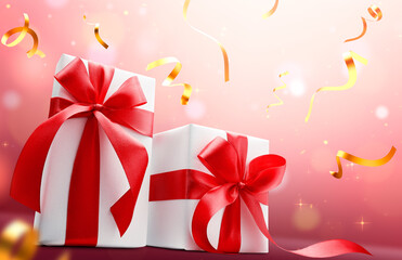 White color gift boxes with ribbons on glittering background