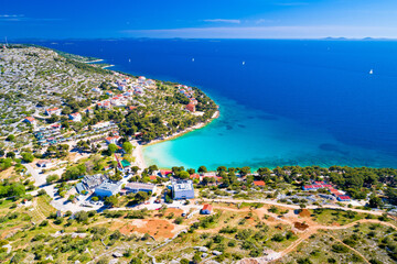 Fototapeta na wymiar Island of Murter turquoise lagoon beach Slanica aerial view