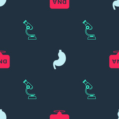 Set DNA symbol, Human stomach and Microscope on seamless pattern. Vector