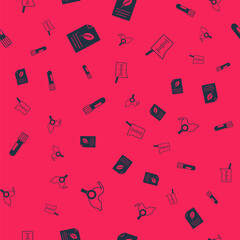 Set Stomach with magnifying glass, Eco paper leaf, Test tube and flask and Laboratory glassware or beaker on seamless pattern. Vector