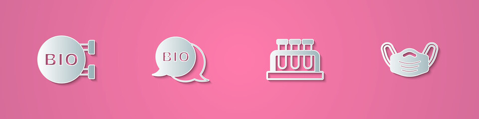 Set paper cut Bio healthy food, , Test tube and flask and Medical protective mask icon. Paper art style. Vector