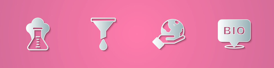 Set paper cut Chemical explosion, Funnel or filter, Hand holding Earth globe and Bio healthy food icon. Paper art style. Vector