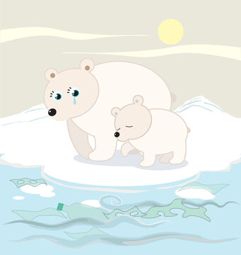 Sad white bear family at polluted north pole, vector illustration