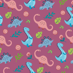 Seamless pattern with cute dinosaurs. Hand-drawn style. Stock illustration. Endless textures for your design.