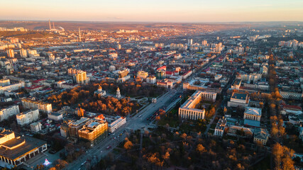 Obraz premium Aerial drone view of Chisinau at sunset, Moldova