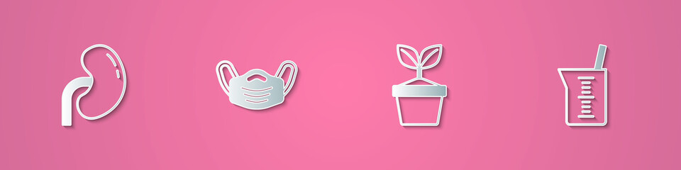 Set paper cut Human kidney, Medical protective mask, Plant in pot and Laboratory glassware or beaker icon. Paper art style. Vector