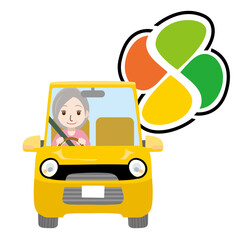 可愛らしい自動車ドライブのイラスト正面シニアお年寄り老人と大きな紅葉マーク女性お婆さん