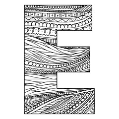 Zentangle stylized alphabet - letter E. vector illustration Black white hand drawn doodle, ethnic pattern