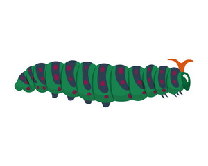 The caterpillar is bright green with red spots on the body. Green garden pest. Vector illustration isolated on white background.