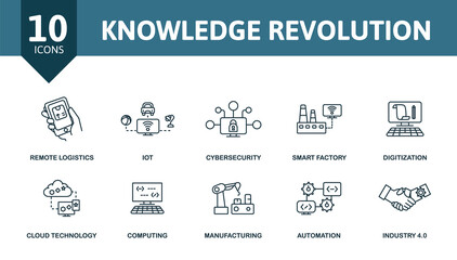 Knowledge Revolution icon set. Contains editable icons industry 4.0 theme such as systems integration, deep learning, business model and more.