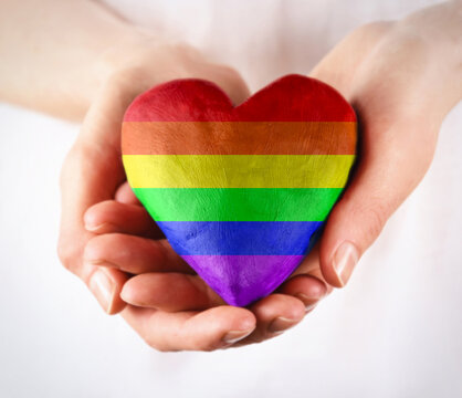 Rainbow LGBT heart in female hands stock images. Female hands giving rainbow heart stock photo. Rainbow pride flag in heart shape images. LGBT rainbow heart love symbol