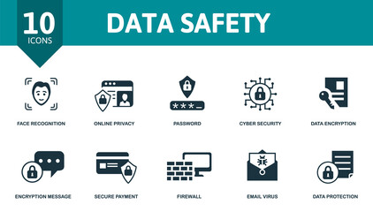 Data Safety icon set. Contains editable icons internet security theme such as face recognition, password, data encryption and more.