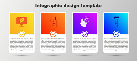 Set Location with leaf, Laboratory glassware or beaker, Human head inside and Test tube and flask. Business infographic template. Vector