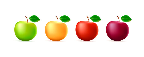 Set of 3d illustrations of apple in four different colors with leaf, isolated
