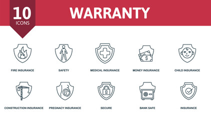 Warranty icon set. Contains editable icons insurance theme such as fire insurance, medical insurance, child insurance and more.
