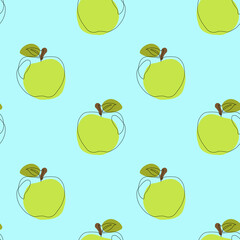 Seamless pattern with apple on blue background. Continuous one line drawing apple. Black line art on blue background with colorful spots. Vegan concept