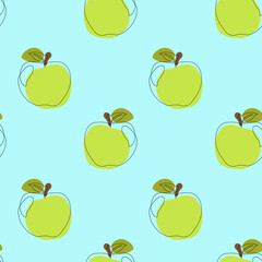 Seamless pattern with apple on blue background. Continuous one line drawing apple. Black line art on blue  background with colorful spots. Vegan concept