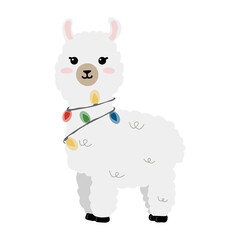 Illustration of cute Christmas alpaca (llama) in a garland isolated on white background. Illustration for  posters, greeting cards  and seasonal design.