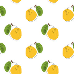Seamless pattern with mango on white background. Continuous one line drawing mango. Black line art on white background with colorful spots. Vegan concept