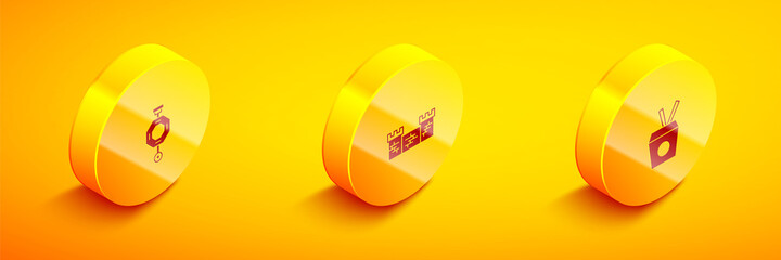 Set Isometric Chinese paper lantern, Great wall of China and Noodles box and chopsticks icon. Vector