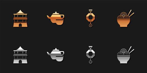 Set Chinese house, tea ceremony, paper lantern and Asian noodles bowl icon. Vector