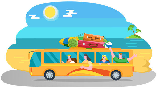 Car summer trip. Happy people on holidays. Traveler bus on background of beach landscape. Tourism around world concept. Friends come by truck on coastline near sea. Cartoon characters going on tour