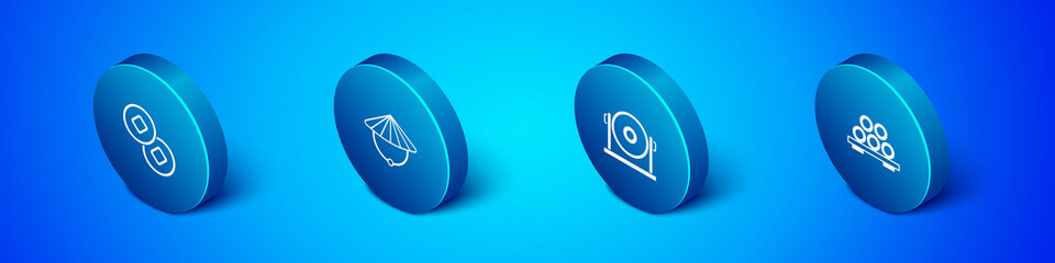 Set Isometric Chinese Yuan currency, Gong, Sushi cutting board and conical straw hat icon. Vector