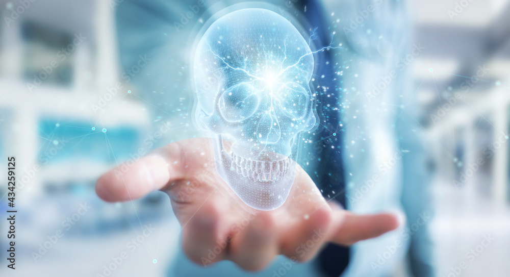 Poster Man using digital x-ray skull holographic scan projection 3D rendering