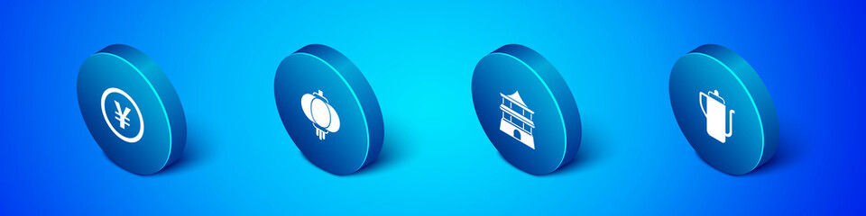 Set Isometric Chinese Yuan currency, house, tea ceremony and paper lantern icon. Vector