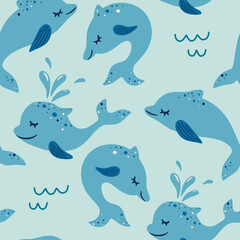 Seamless pattern with dolphin. Marine theme, ocean. Suitable for fabric, wallpaper, clothing, baby print. Vector cute blue background.
