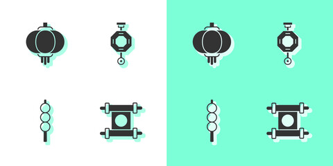 Set Decree, paper, parchment, scroll, Chinese lantern, Meatballs on wooden stick and icon. Vector