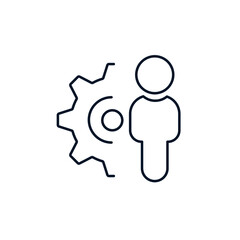 Man, gear. Mechanic concept, technical support, implementation. Vector icon isolated on white background.