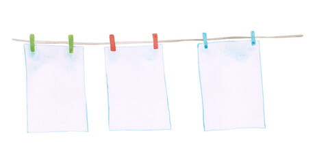 Empty pieces of paper on a clothesline with colorful clothespins. Hand-drawn sheets isolated on a white background. Template for preschool illustrations for your design. Watercolor clipart.