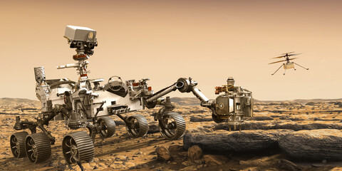 Mars Rover Perseverance and ingenuity helicopter drone.Elements of this image furnished by NASA 3D illustration