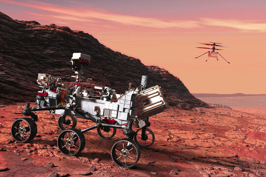 Mars Rover Perseverance Landed And Ingenuity Drone .Elements Of This Image Furnished By NASA 3D Illustration