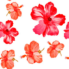 Red Hibiscus Leaf. Orange Flower Plant. Scarlet Seamless Print. Vintage Backdrop. Pattern Foliage. Watercolor Decor. Tropical Leaf. Exotic Leaf.