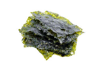 Sea nori chips are dry Japanese organic seaweed isolated on a white background.