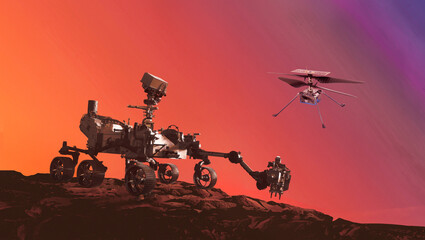 Fototapeta na wymiar Mars exploration with a Martian drone and rover image furnished by NASA 3D illustration