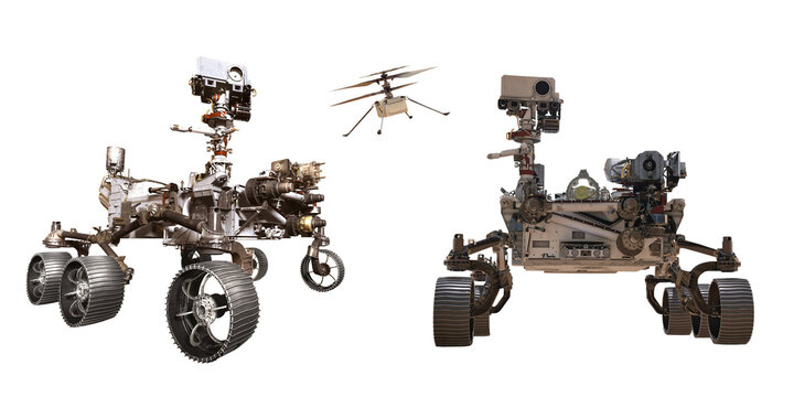 Curiosity And Perseverance Mars Rover,ingenuity Helicopter Drone Isolated.Elements Of This Image Furnished By NASA 3D Illustration..