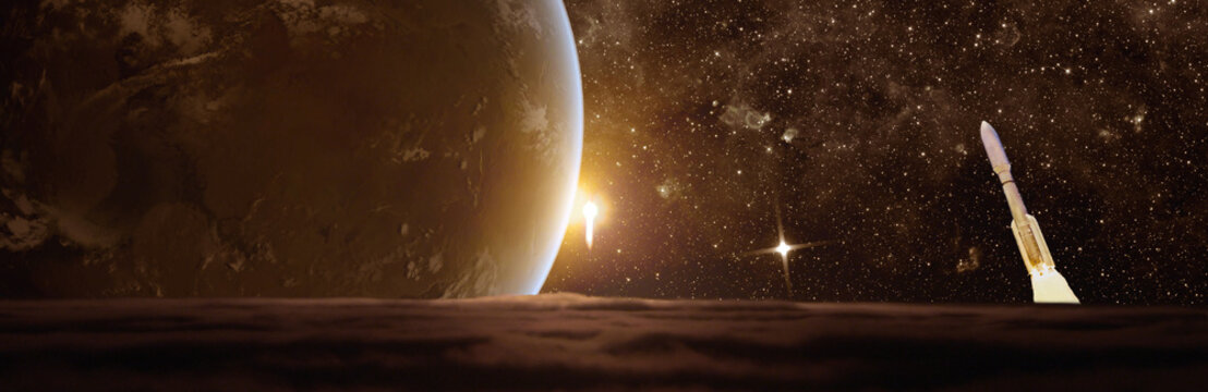 abstract space background rocket flies on exoplanet background,Elements of this image furnished by NASA 3D illustration