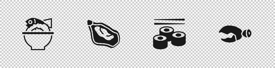 Set Served fish on a bowl, Mussel, Sushi and Lobster or crab claw icon. Vector