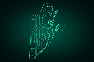 Map of Belize, network line, design sphere, dot and structure on dark background with Map Belize, Circuit board. Vector illustration. Eps 10