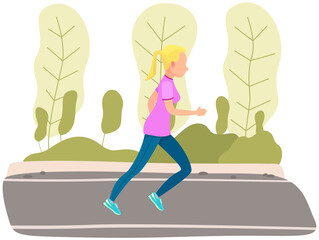 Girl running in park. Morning running of sportswoman in fresh air. Sports activity and healthy lifestyle concept. Female character jogging outdoor. Athlete goes in for sports and morning exercises