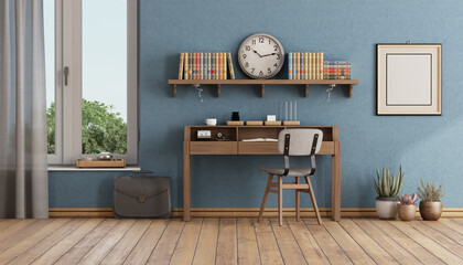 Retro style home office with small wooden desk