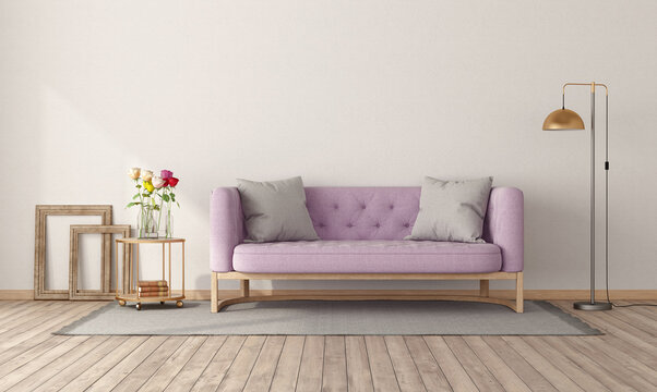 Retro style room with pink sofa