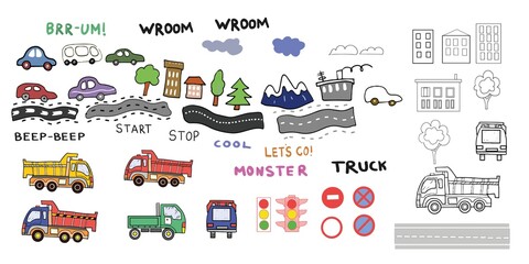 cars truck kids cartoon pictures road dump truck doodle sketch patern seamless print textile coloring book. Road signs traffic light
