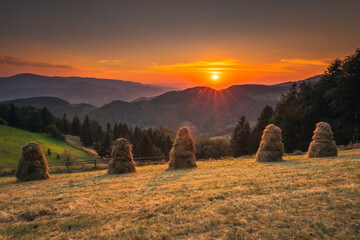 A warm summer sunset in the Beskid Sądecki in the Jaworzyna Krynicka range.