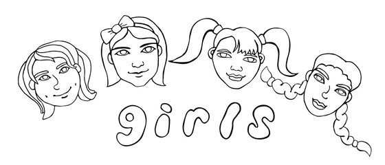 Vector outline face people. Hand drawn line art illustration. Heads of a girls, women in the style of a Doodle, isolated on a white background. Different and beautiful