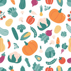 Seamless pattern with vegetables. Hand drawn doodle food on white background. Ideal for kitchen textile, wallpaper and print. Vector illustration.