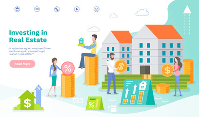 Website landing page for attracting investors. Real estate investment banner with characters buying apartments. People pay in coins, changes in real estate market. Business webpage template